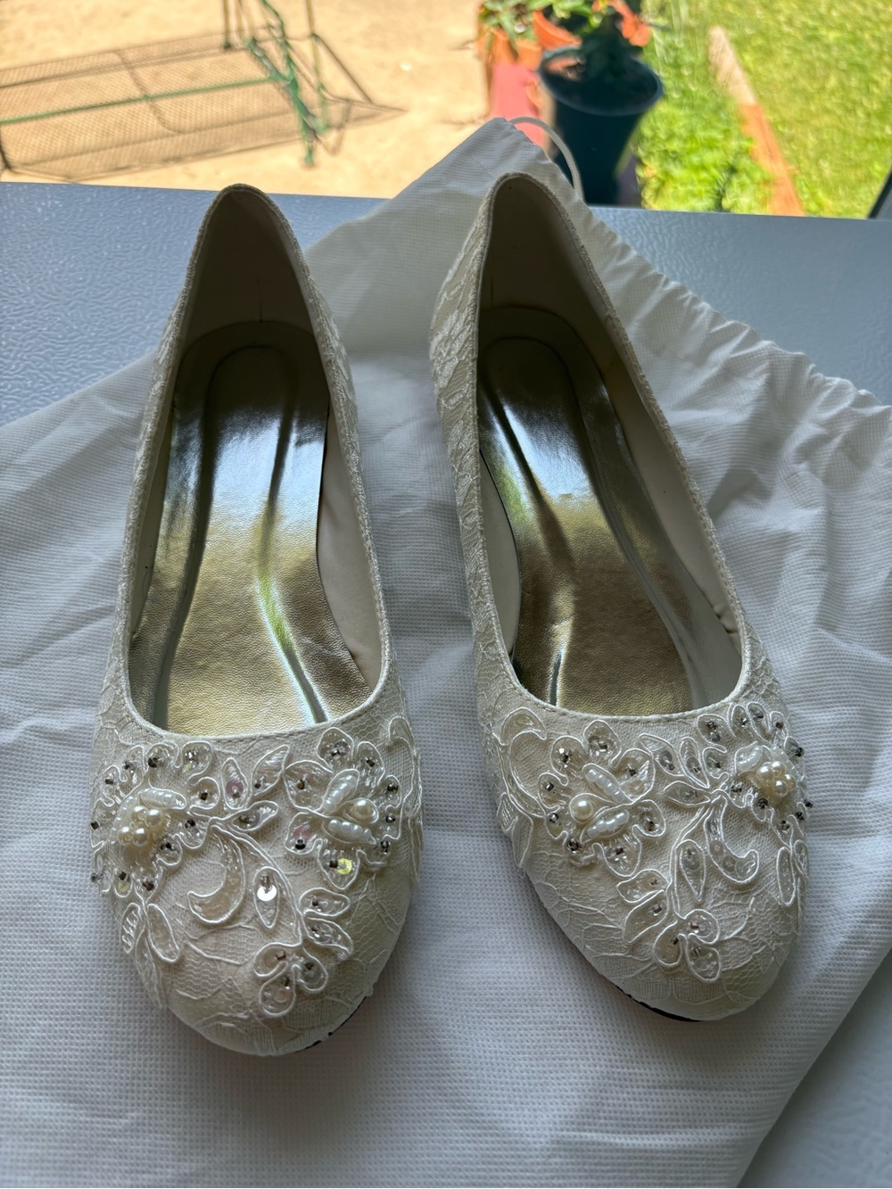 Ivory Lace Embellished Ballet Flats with Pearl Accents